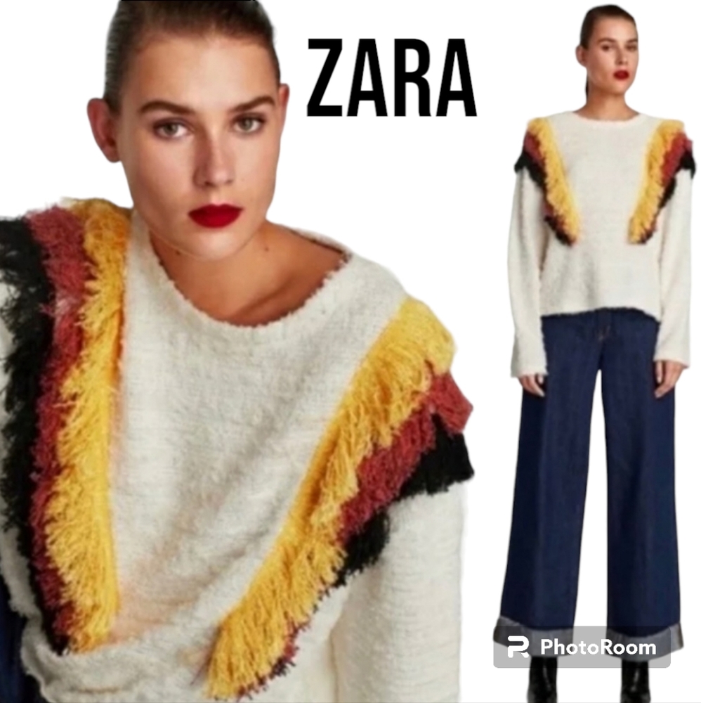 Zara Funky Fringe Textured White Multicolor Sweater Size Small
